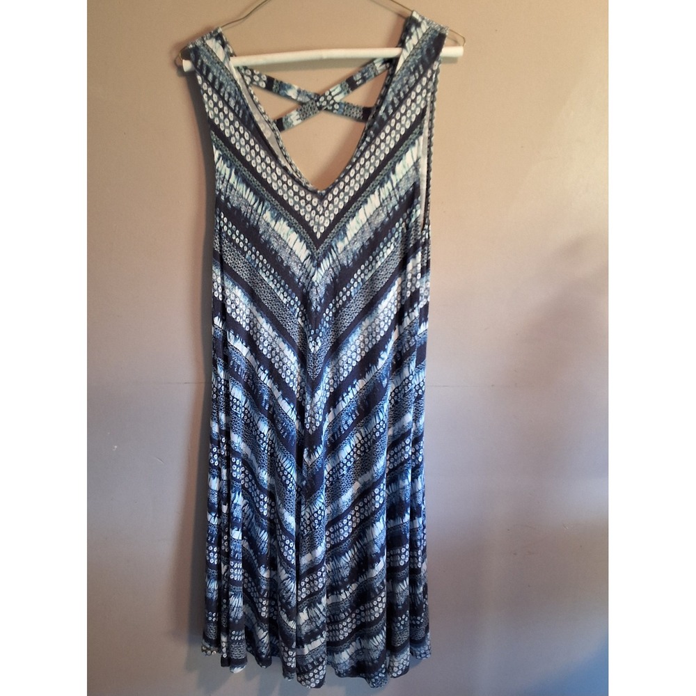 Style & Co Womens Blue White Geometric Tie Dye V-Neck Crisscross Back Dress L